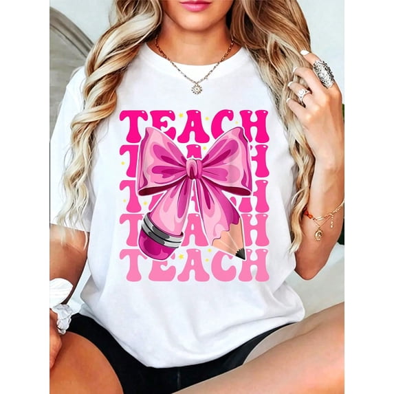 Unisex Teach Coquette Bow Graphic T-Shirt, Cute Teacher Back to School Shirt with Apple and Pencil Design, 100% Cotton Crew Neck Short Sleeve Tee, Gift for Teachers