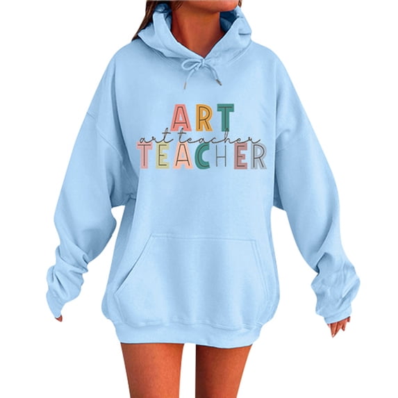 Unisex Teacher Print Long Sleeve Hooded Sweatshirt for Autumn Winter Comfort Casual Wear with Front Pocket Design