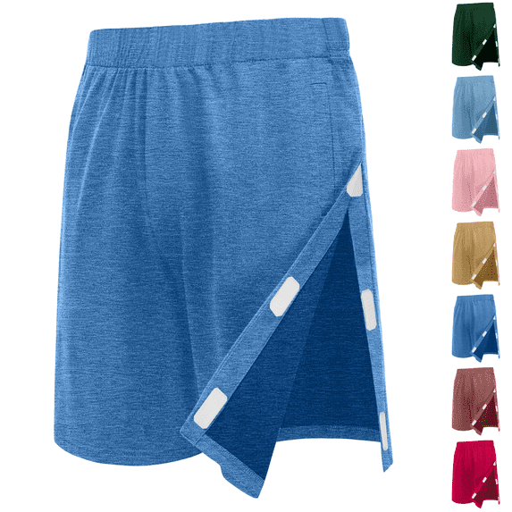 Unisex Tear Away Shorts Snap On Athletic Shorts Cotton Post Knee Hip Surgery Recovery Lounge Short with Pockets Blue L