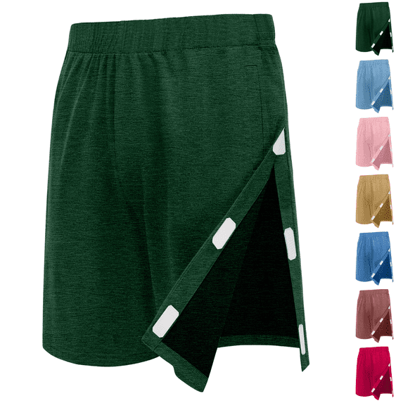 Unisex Tear Away Shorts Snap On Athletic Shorts Cotton Post Knee Hip Surgery Recovery Lounge Short with Pockets Dark Green XL