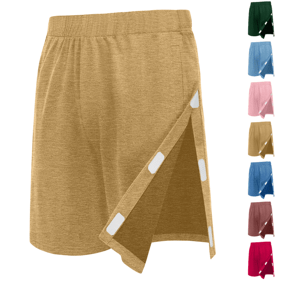 Unisex Tear Away Shorts Snap On Athletic Shorts Cotton Post Knee Hip Surgery Recovery Lounge Short with Pockets Khaki S