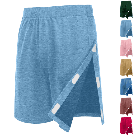 Unisex Tear Away Shorts Snap On Athletic Shorts Cotton Post Knee Hip Surgery Recovery Lounge Short with Pockets Sky Blue S