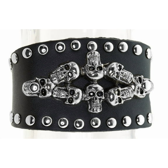Unisex Teen Black Leather Silver Biker Goth Bracelet – 21mm Skulls & Studs