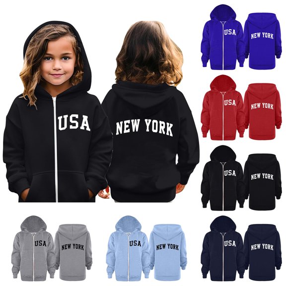 Unisex Teen Hooded Sweatshirt Tops, Long Sleeve Letter Printed Hoodie Zipper Up Coats Tunic Hoodie With Pockets Casual Black, 6-7Y