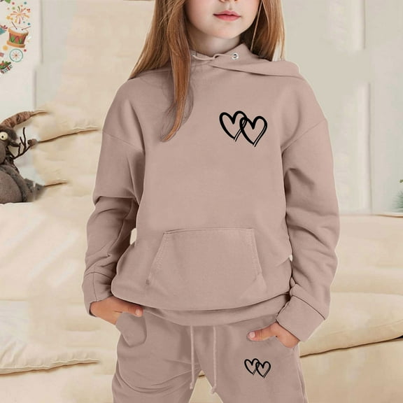 Unisex Teen Kids Jogger Sweatsuit Set 2PCS, Printed Long Sleeve Hoodie Pullover Cinch Bottom Sweatpants for Boys Girls (Khaki,3-4 Years)