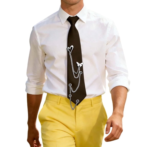 Unisex Teen Pre-Tied Necktie with Chain Accent Satin Necktie for Formal Events