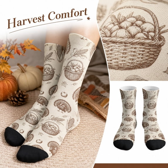 Unisex Thanksgiving Crew Socks for Men and Women, Fun Festive Theme Printed Casual Socks, Comfortable Cute Mid Calf Fall Sports Sock