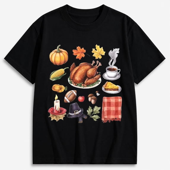 Unisex Thanksgiving Turkey Dinner Pumpkin Fall Leaves Harvest Graphic T-Shirt