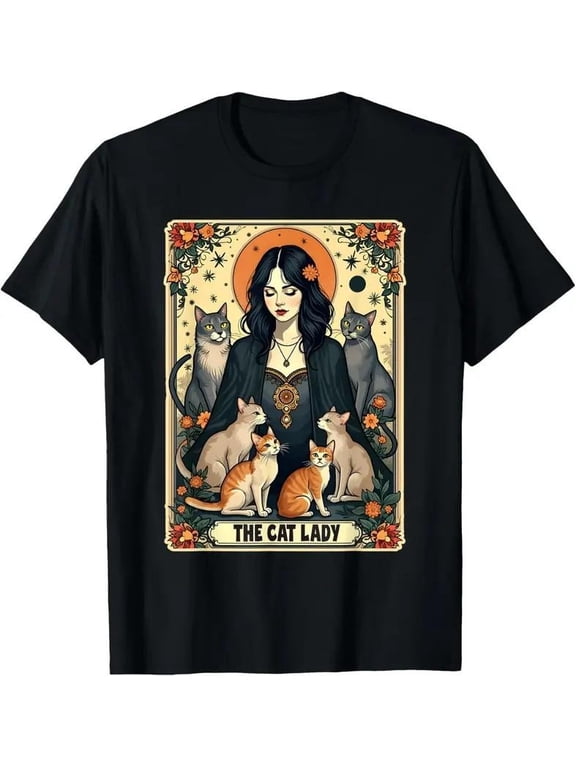 Unisex The Cat Lady Tarot Card Shirt Women Witchy Gothic Cat Mom T-Shirt Novelty