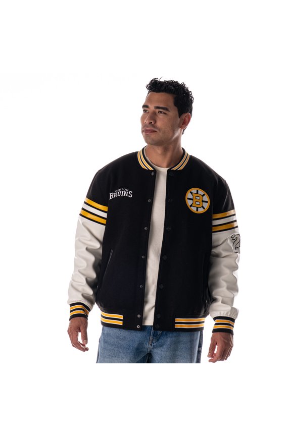 Unisex The Wild Collective Black Boston Bruins Drop Shoulder Full-Snap Varsity Jacket