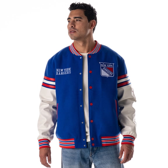 Unisex The Wild Collective Blue New York Rangers Drop Shoulder Full-Snap Varsity Jacket
