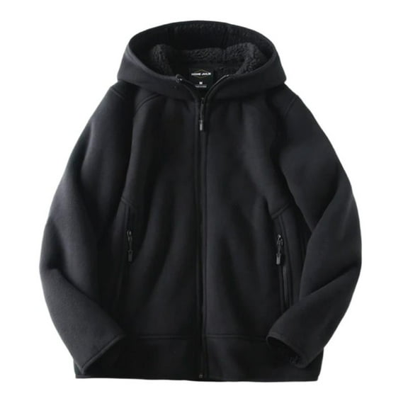 Unisex Thick Warm Hooded Fleece Jacket, Loose Windproof & Versatile Casual Style, Black, Size XXL