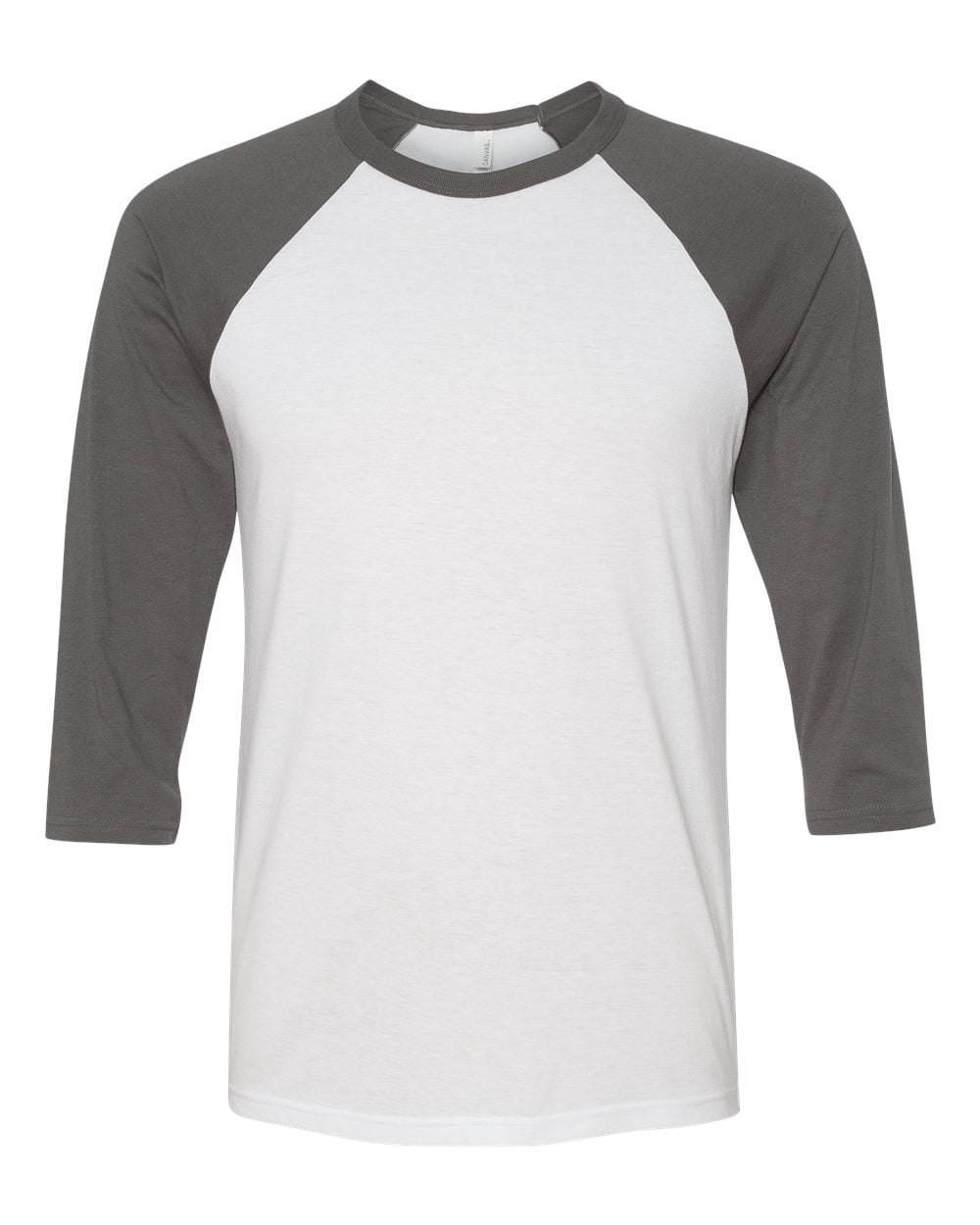 Canvas Unisex 3/4 Sleeve Baseball Tee - White/Asphalt, Raglan Sleeves, Side Seams, Retail Fit, Large