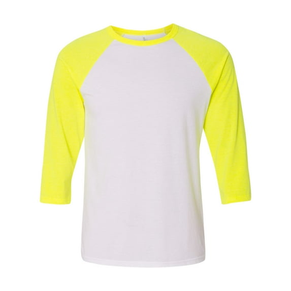 Unisex Three-Quarter Sleeve Baseball Tee Color White/ Neon Yellow X-Large Size