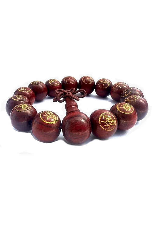 Unisex Tibetan Buddhist Wood Prayer Beads Bracelet, Chinese Calligraphy Words Engraved Feng Shui Bracelet, Elasticated Wrist Accessory, 7.5 Inches