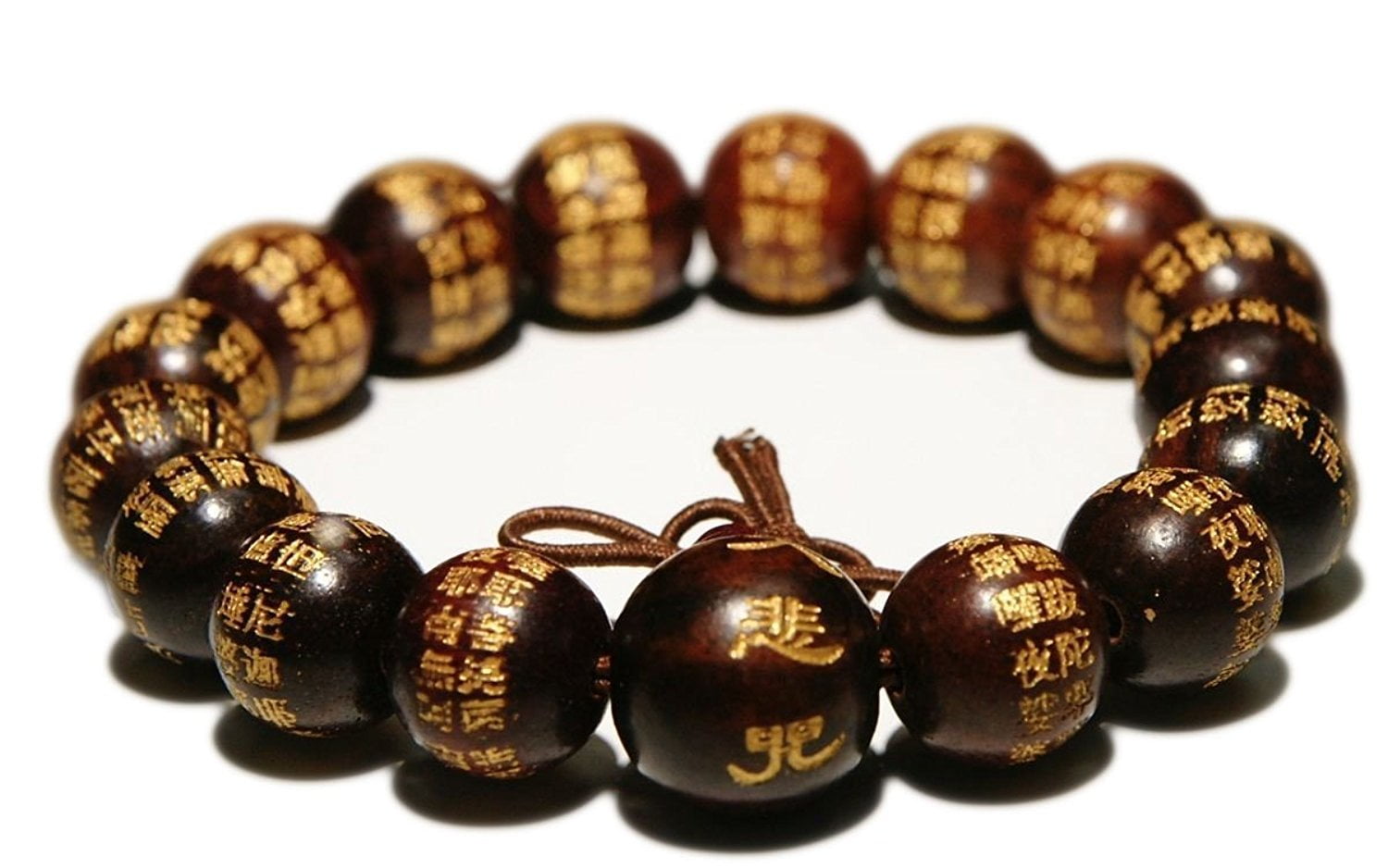 Unisex Tibetan Buddhist Wood Prayer Beads Bracelet, Chinese Calligraphy