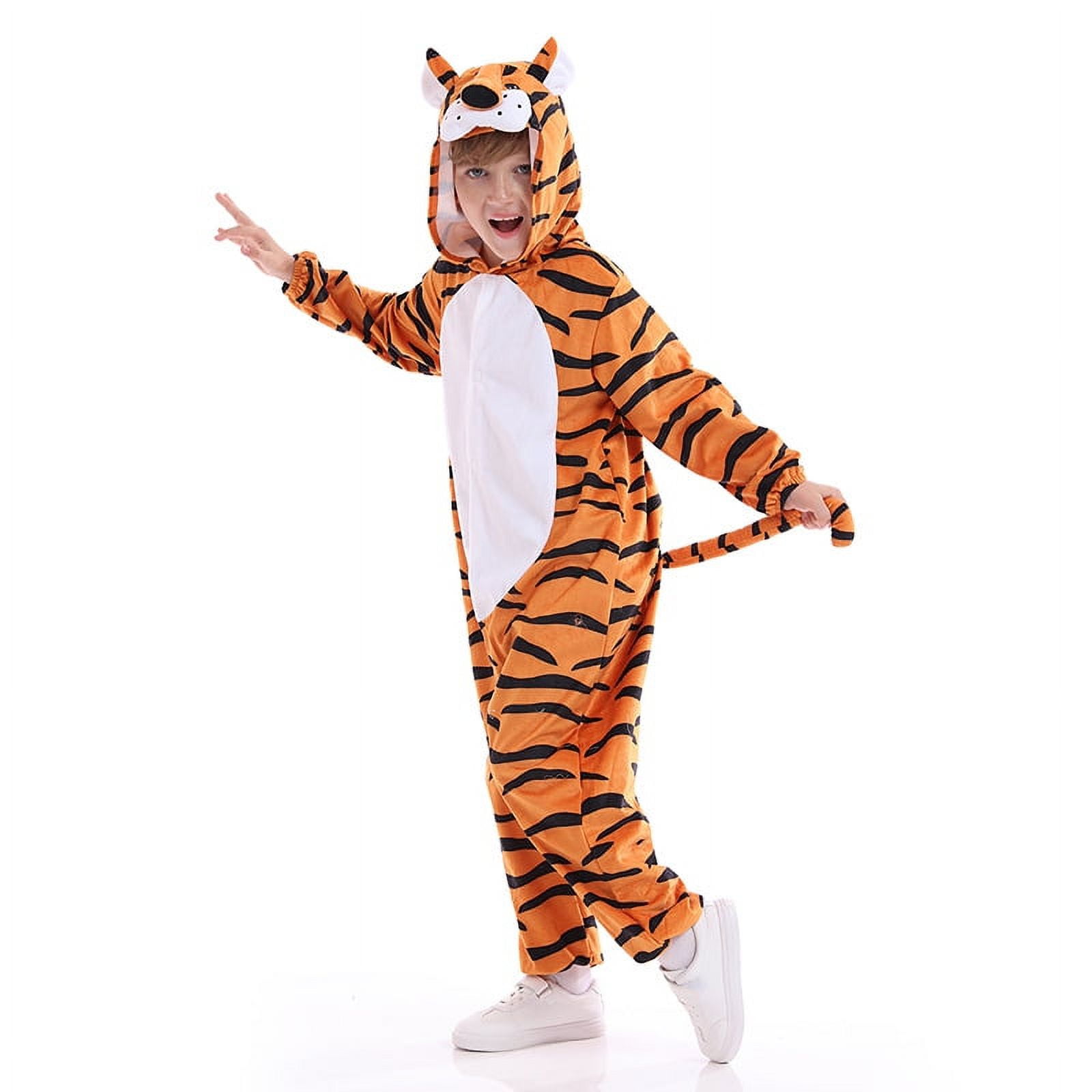 Unisex Tiger Costume for Kids, Plush Hooded Animals Pajamas Child