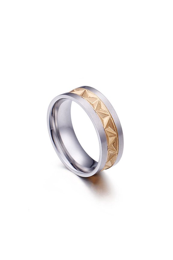 Unisex Titanium Steel Ring Embossed Electroplating Two Color Gold Pattern Geometric Statement Ring Jewelry Band