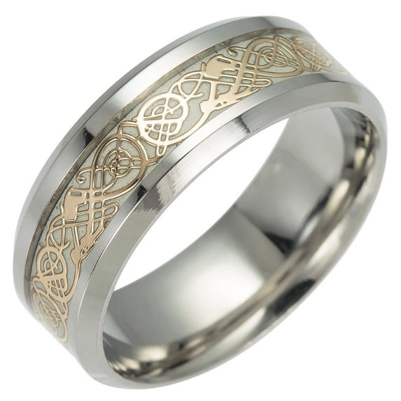 Unisex Titanium Steel Ring with Luminous Dragon Pattern European American Style Travel Gift Band for Men and Women Black Golden Silver
