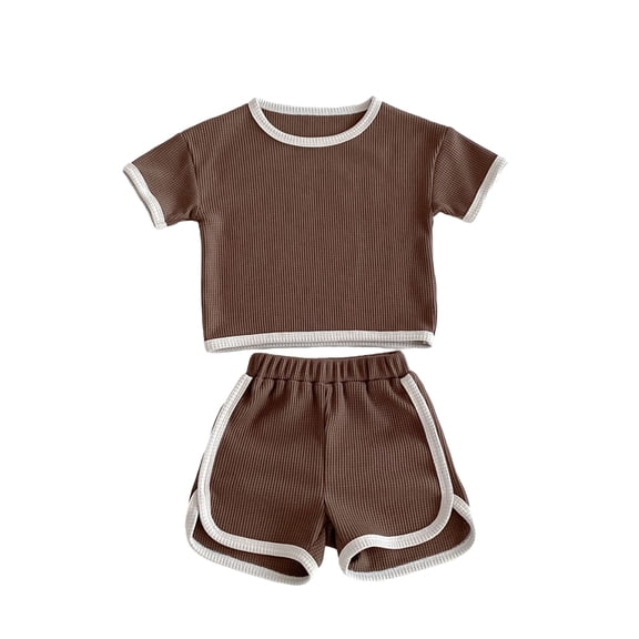 Unisex Toddler Baby Boy Girl Summer Clothes Short Sleeve T-Shirt Shorts Waffle Two Piece Solid Outfit Set ﻿