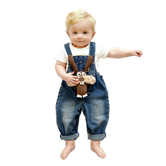 Unisex Toddler Baby Denim Overalls Full Length Pants with Cute Animal Character Front Pocket Soft Fabric Comfortable Casual Wear for Girls Boys Blue 18 Months-24 Months