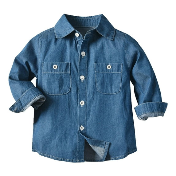 Unisex Toddler Kids Boys Girls Long Sleeve Button Down Denim Shirt, Lightweight Casual Cowboy Chambray Top, Fall Thin Lapel Outwear Shirt for Daily Wear, Blue 100