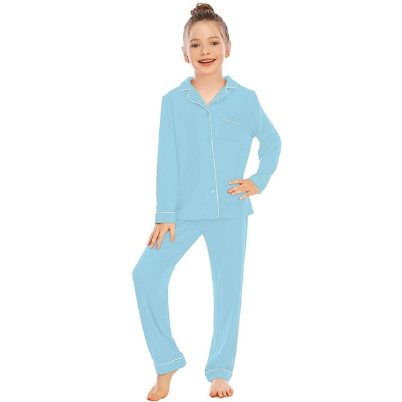 Unisex Toddler Pajama Set Long Sleeve & Pants Comfortable Fabric Button Up Collar Loose Fit Homewear Sky Blue 6-7 Years