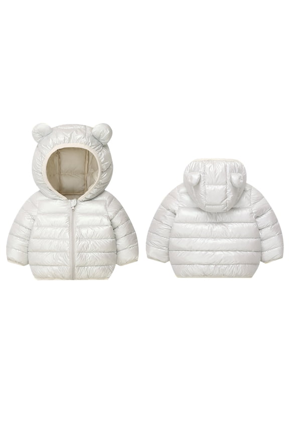 Unisex Toddler Shiny Metallic Bear Ear Hooded Lightweight Puffer Jacket Boys Girls Warm Winter Cotton Coat No Side Pockets White 6-7 Years