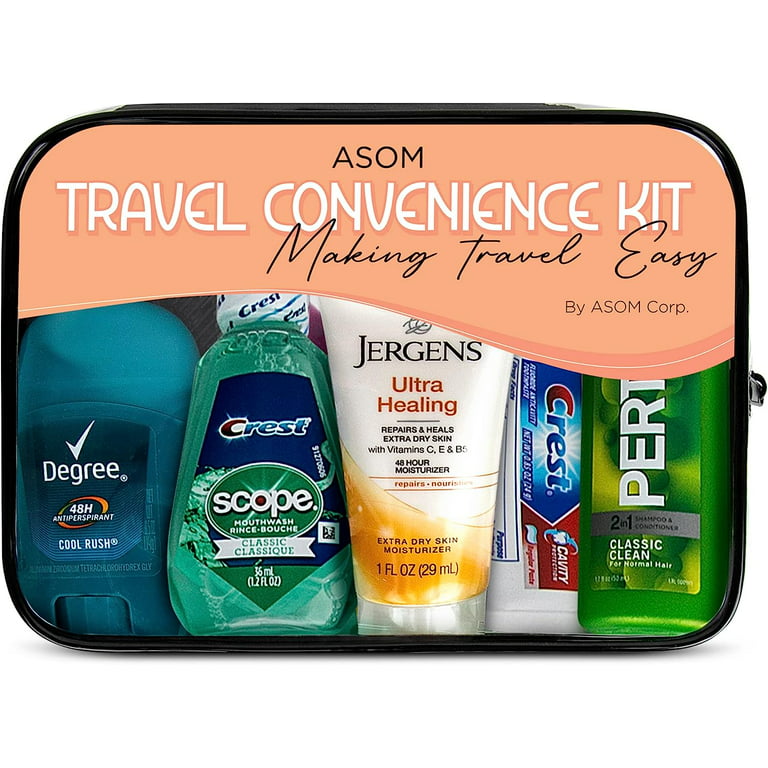 Asom Toiletry Travel Convenience Kit - Prefilled TSA Approved Personal Care Toiletries Hygiene Essentials Traveling Accessories Set, 20-Piece Unisex T