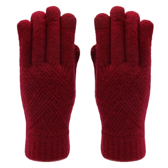 Unisex Touchscreen Knit Gloves, Couples Plush Lined Warm Gloves, All Finger Thermal Gloves for Cycling, Thickened Winter Gloves for Men and Women, Cold Weather Riding Gloves Red