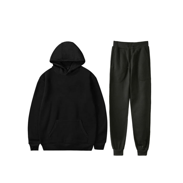 Unisex Tracksuit Sports Outfits Solid Color Long Sleeve Pullover Hoodie and Beam Feet Long Pants Gym Running Suit