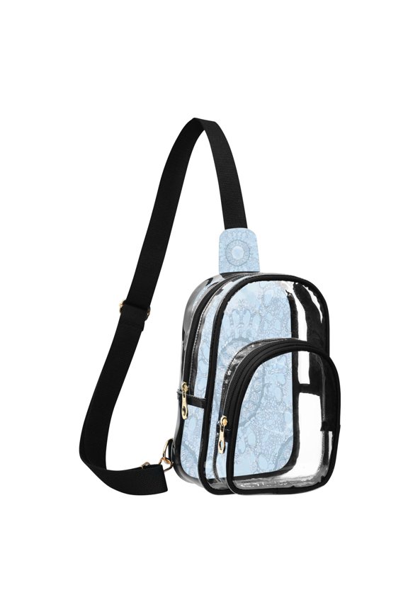 Unisex Transparent Crossbody Shoulder Bags Clear PVC Sling Backpack with Printed Back A Light Blue Pattern