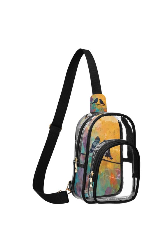 Unisex Transparent Crossbody Shoulder Bags Clear PVC Sling Backpack with Printed Back Birds on A Wire