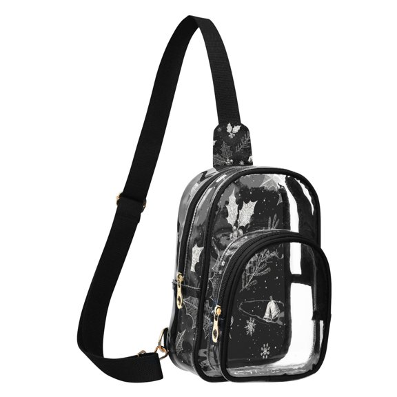 Unisex Transparent Crossbody Shoulder Bags Clear PVC Sling Backpack with Printed Back Black Holly Leaves