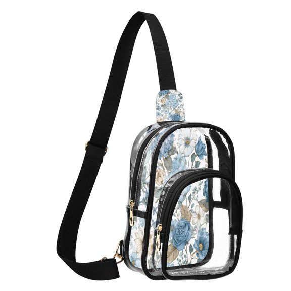 Unisex Transparent Crossbody Shoulder Bags Clear PVC Sling Backpack with Printed Back Blue Floral Seamless Pattern