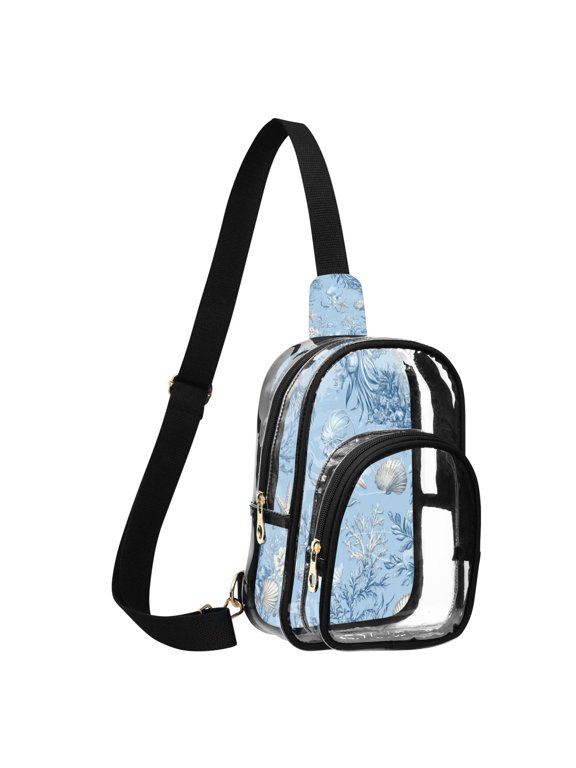 Unisex Transparent Crossbody Shoulder Bags Clear PVC Sling Backpack with Printed Back Blue Oceanic Scene