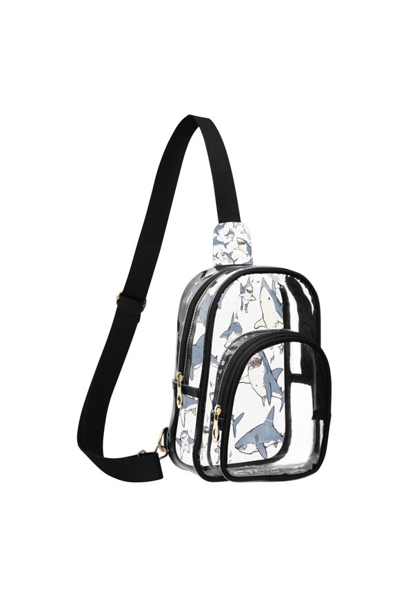 Unisex Transparent Crossbody Shoulder Bags Clear PVC Sling Backpack with Printed Back Blue Shark with White Belly