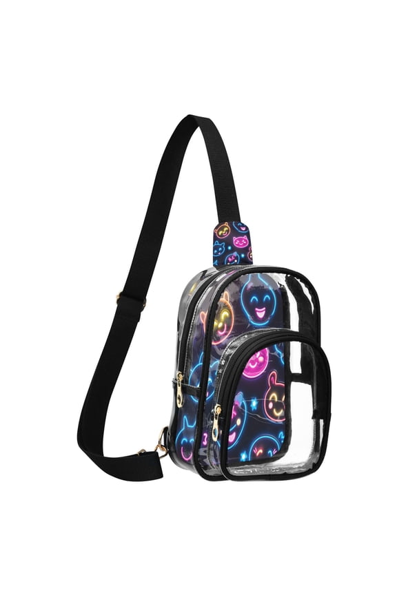 Unisex Transparent Crossbody Shoulder Bags Clear PVC Sling Backpack with Printed Back Cartoon Smiling Faces