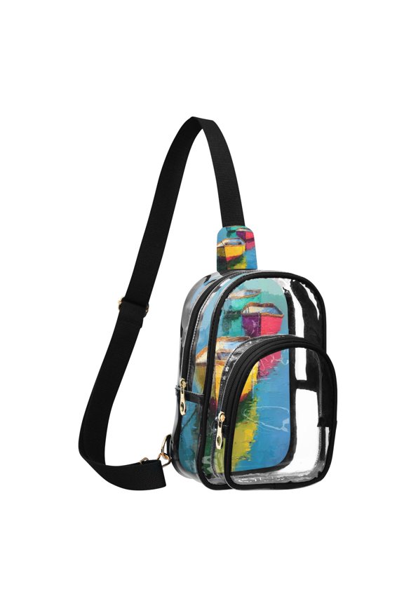 Unisex Transparent Crossbody Shoulder Bags Clear PVC Sling Backpack with Printed Back Colorful Row Boats