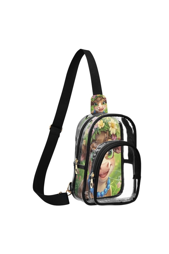 Unisex Transparent Crossbody Shoulder Bags Clear PVC Sling Backpack with Printed Back Cows with Smiles on Faces