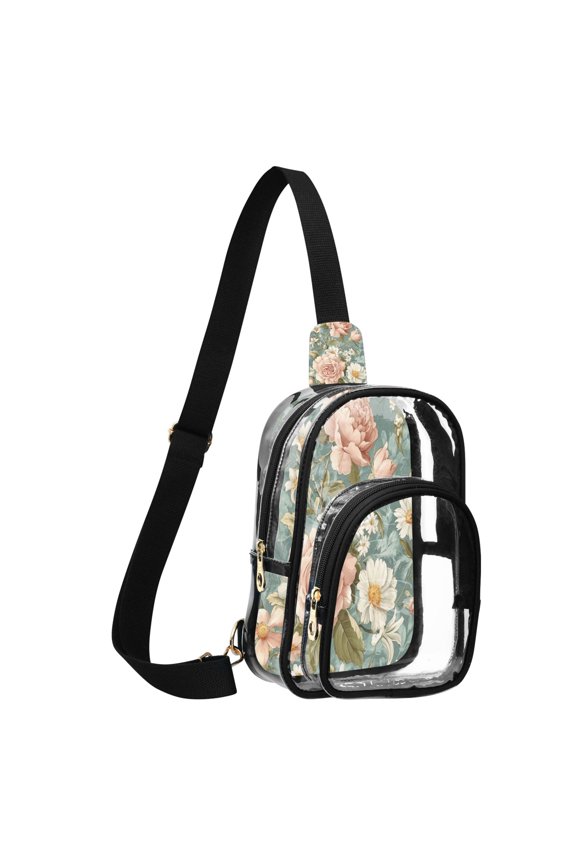 Unisex Transparent Crossbody Shoulder Bags Clear PVC Sling Backpack with Printed Back Daisies and Lilies