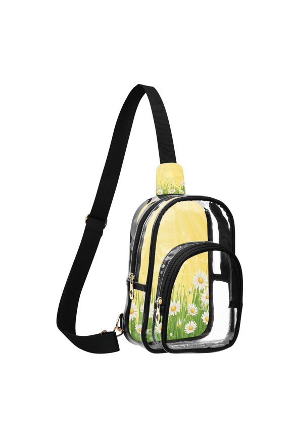 Unisex Transparent Crossbody Shoulder Bags Clear PVC Sling Backpack with Printed Back Daisies and Sun Rays