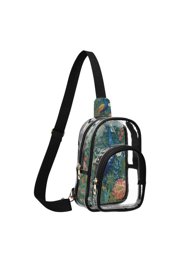 Unisex Transparent Crossbody Shoulder Bags Clear PVC Sling Backpack with Printed Back Elegant Peacock