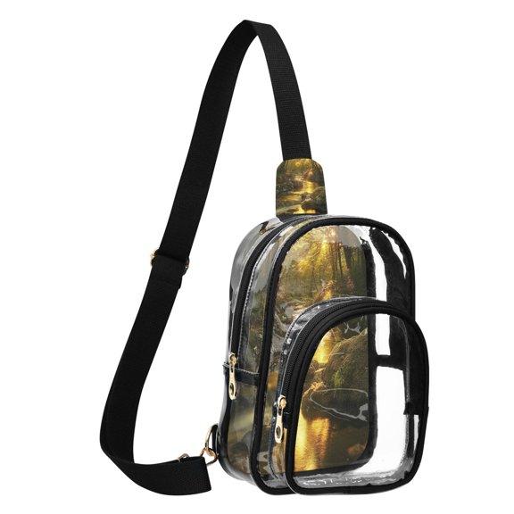 Unisex Transparent Crossbody Shoulder Bags Clear PVC Sling Backpack with Printed Back Forest Stream with Moss-covered