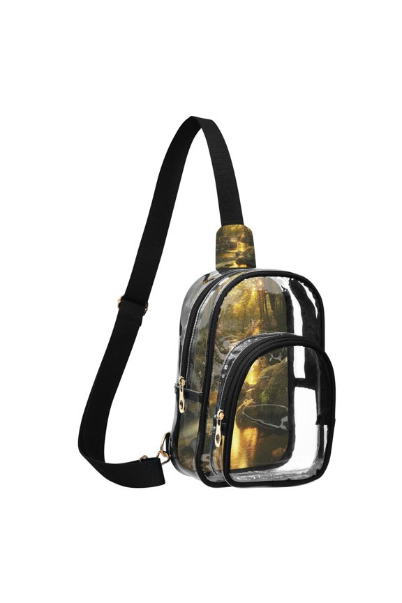 Unisex Transparent Crossbody Shoulder Bags Clear PVC Sling Backpack with Printed Back Forest Stream with Moss-covered