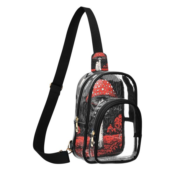 Unisex Transparent Crossbody Shoulder Bags Clear PVC Sling Backpack with Printed Back Ghost Standing under A Mushroom