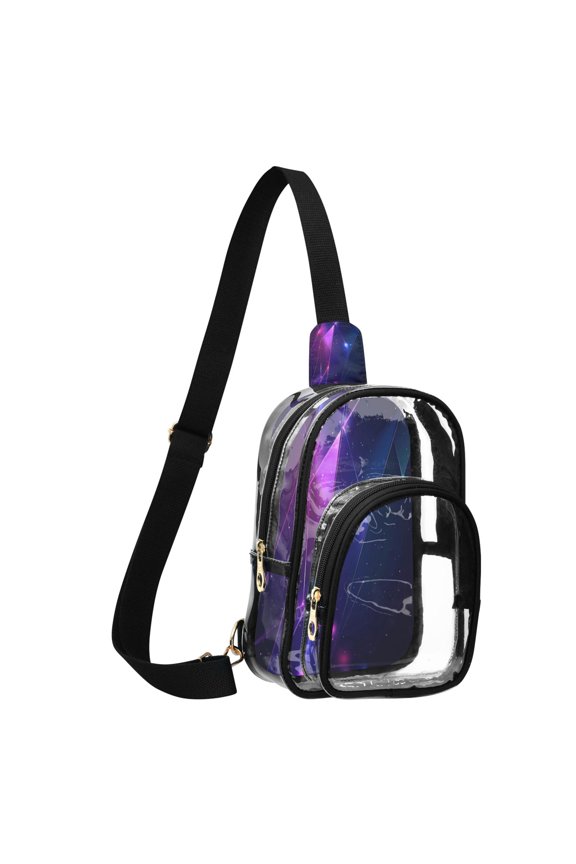 Unisex Transparent Crossbody Shoulder Bags Clear PVC Sling Backpack with Printed Back Glowing Lines and Triangles