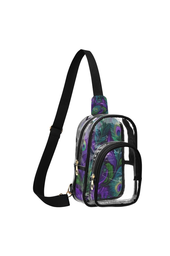 Unisex Transparent Crossbody Shoulder Bags Clear PVC Sling Backpack with Printed Back Peacock Feathers Pattern