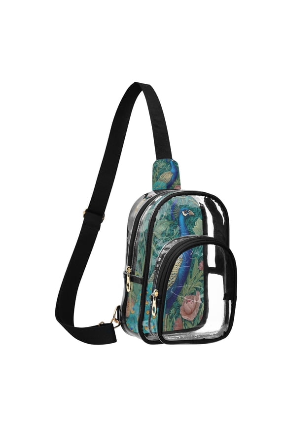 Unisex Transparent Crossbody Shoulder Bags Clear PVC Sling Backpack with Printed Back Peacock Illustration