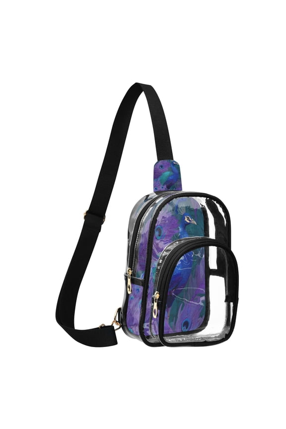 Unisex Transparent Crossbody Shoulder Bags Clear PVC Sling Backpack with Printed Back Peacock Pattern